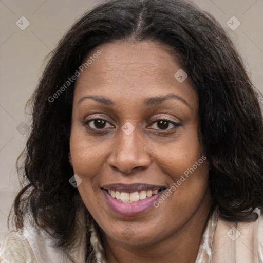 Joyful white adult female with long  brown hair and brown eyes