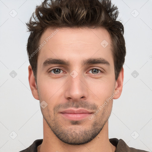 Neutral white young-adult male with short  brown hair and brown eyes