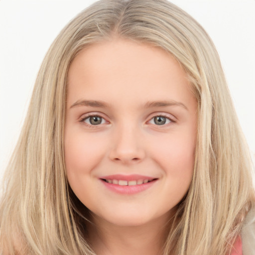 Joyful white child female with long  brown hair and brown eyes