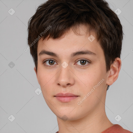 Neutral white young-adult male with short  brown hair and brown eyes