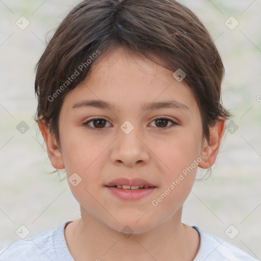 Joyful white child female with medium  brown hair and brown eyes