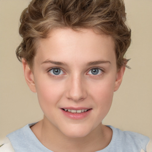 Joyful white child female with short  brown hair and grey eyes