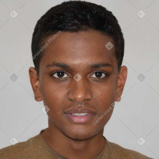 Neutral black young-adult male with short  black hair and brown eyes