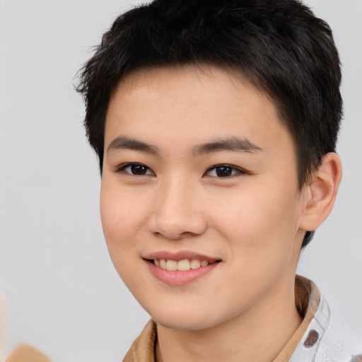Joyful white young-adult female with short  black hair and brown eyes