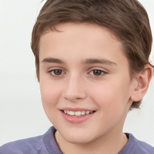 Joyful white child female with short  brown hair and brown eyes