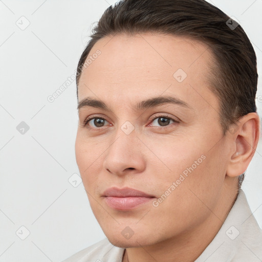 Joyful white young-adult female with short  brown hair and brown eyes