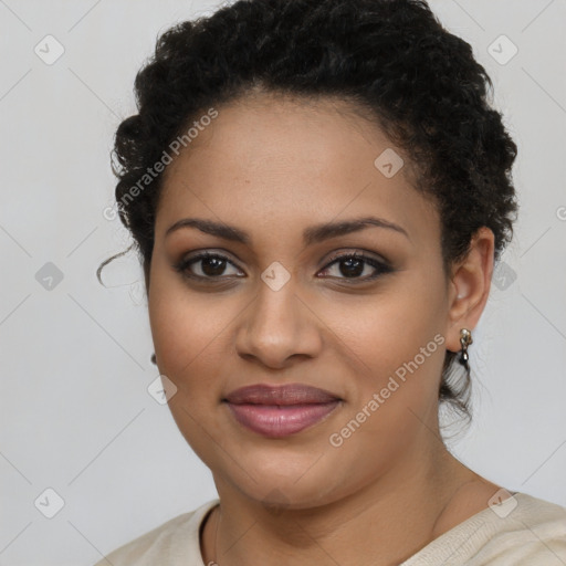 Joyful latino young-adult female with short  brown hair and brown eyes