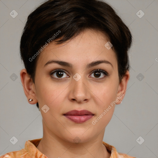 Joyful white young-adult female with short  brown hair and brown eyes