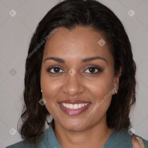 Joyful black young-adult female with medium  brown hair and brown eyes