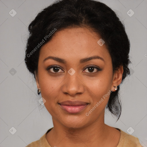 Joyful black young-adult female with medium  black hair and brown eyes