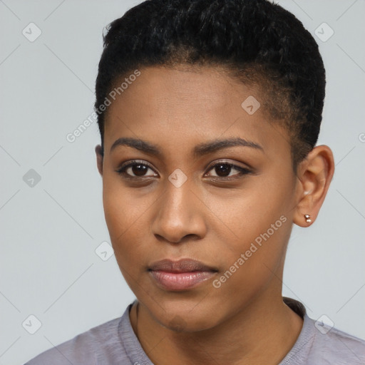 Neutral black young-adult female with short  black hair and brown eyes