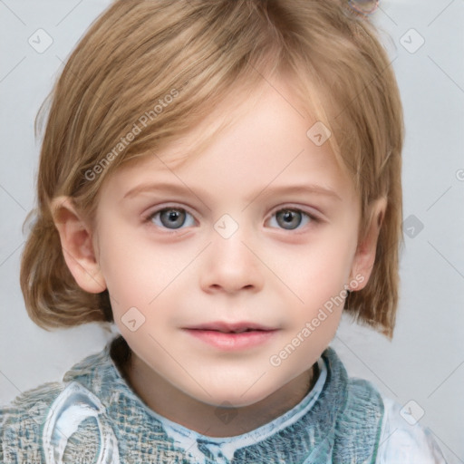 Neutral white child female with medium  brown hair and blue eyes