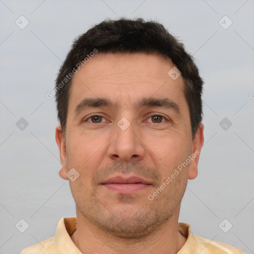 Neutral white adult male with short  brown hair and brown eyes