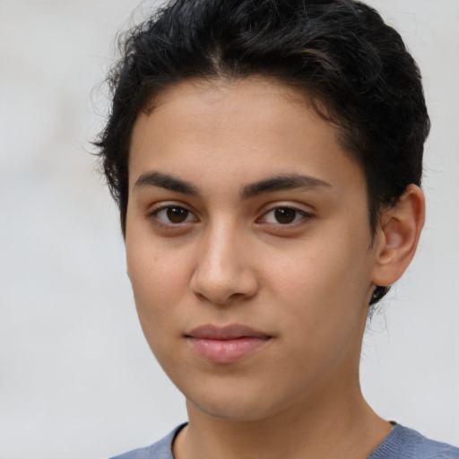 Neutral latino young-adult female with short  brown hair and brown eyes