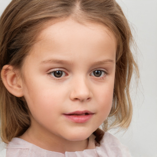 Neutral white child female with medium  brown hair and blue eyes