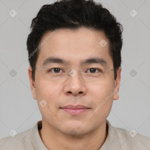 Neutral asian young-adult male with short  brown hair and brown eyes