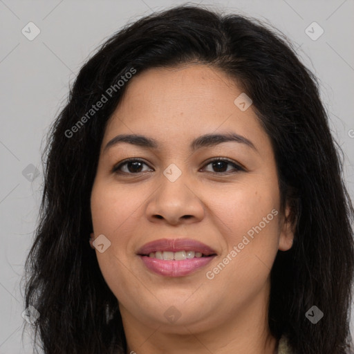 Joyful asian young-adult female with long  brown hair and brown eyes