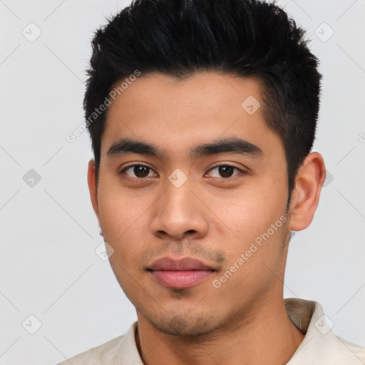 Neutral asian young-adult male with short  black hair and brown eyes