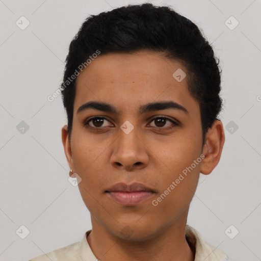 Neutral latino young-adult male with short  black hair and brown eyes