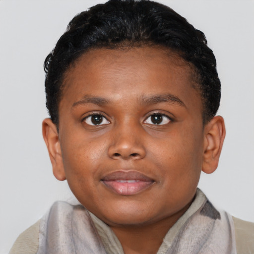 Joyful black child male with short  brown hair and brown eyes