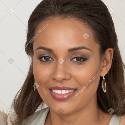 Joyful white young-adult female with long  brown hair and brown eyes