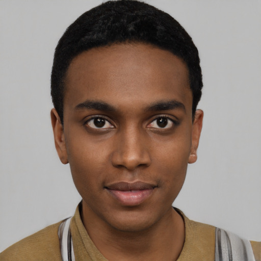 Neutral black young-adult male with short  black hair and brown eyes