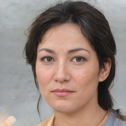 Neutral white adult female with medium  brown hair and brown eyes