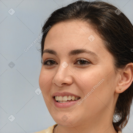 Joyful white young-adult female with medium  brown hair and brown eyes