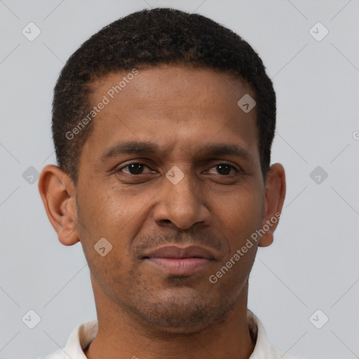 Neutral latino young-adult male with short  brown hair and brown eyes