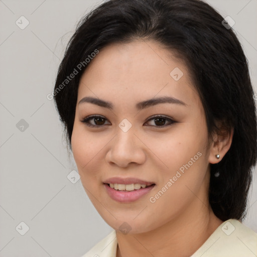 Joyful white young-adult female with medium  brown hair and brown eyes