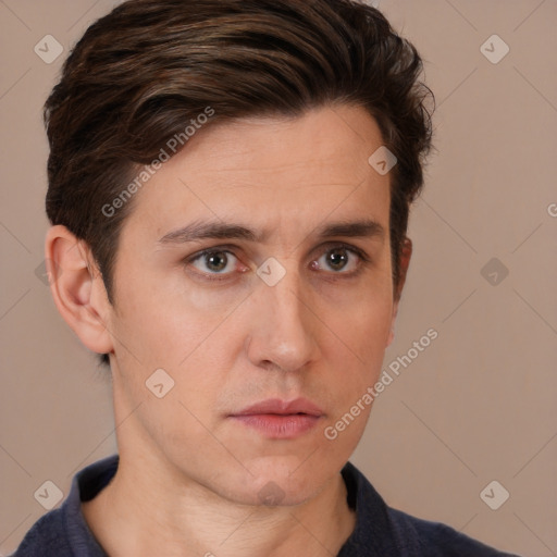 Neutral white young-adult male with short  brown hair and brown eyes