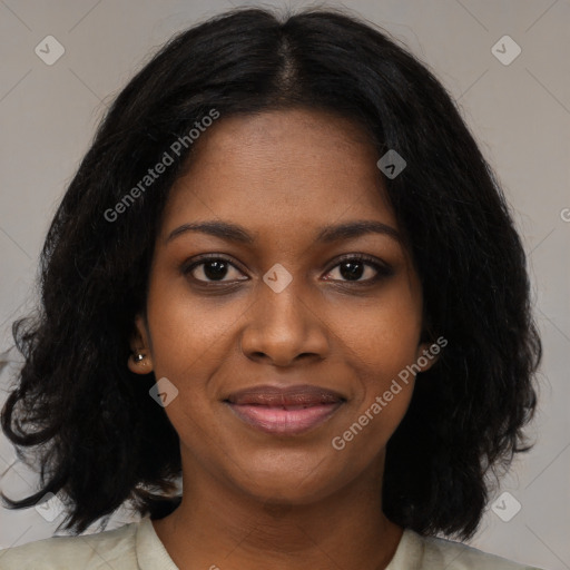 Joyful black young-adult female with medium  black hair and brown eyes