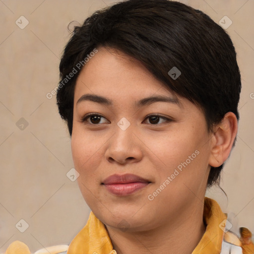 Joyful asian young-adult female with medium  brown hair and brown eyes