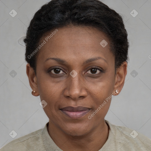 Joyful latino adult female with short  brown hair and brown eyes