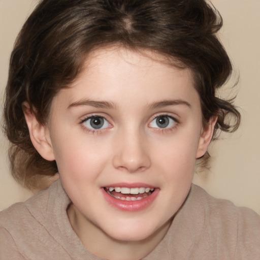 Joyful white child female with medium  brown hair and brown eyes