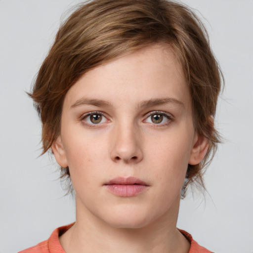 Neutral white young-adult female with medium  brown hair and blue eyes