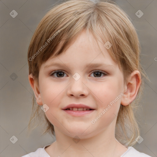 Joyful white child female with medium  brown hair and brown eyes