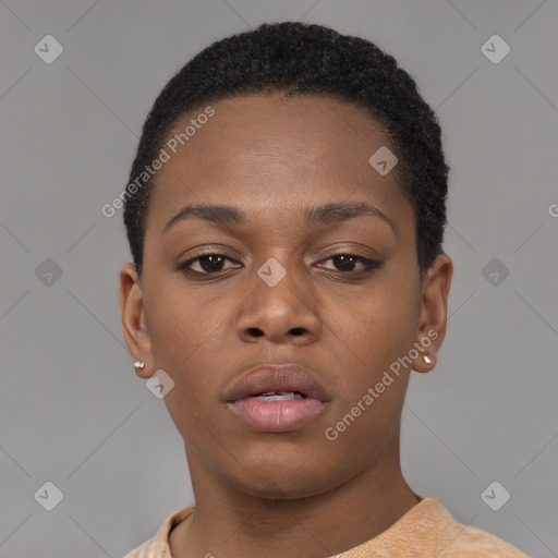 Neutral black young-adult female with short  brown hair and brown eyes