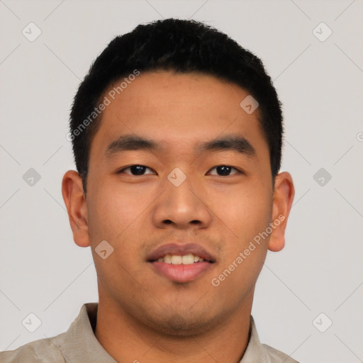 Neutral asian young-adult male with short  black hair and brown eyes