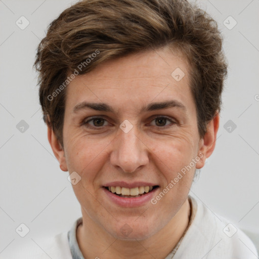 Joyful white adult female with short  brown hair and brown eyes