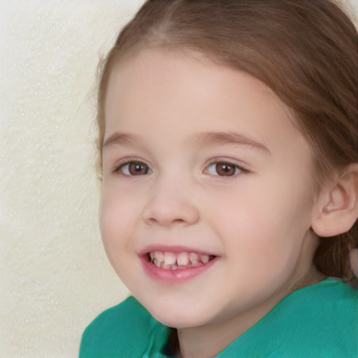 Joyful white child female with short  brown hair and brown eyes