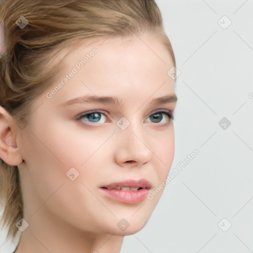 Neutral white young-adult female with long  brown hair and blue eyes