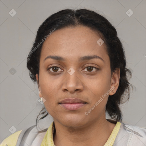 Neutral black young-adult female with medium  brown hair and brown eyes