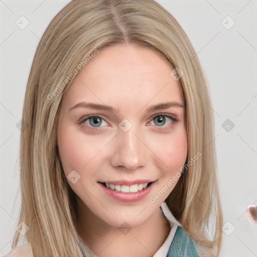 Joyful white young-adult female with medium  brown hair and blue eyes