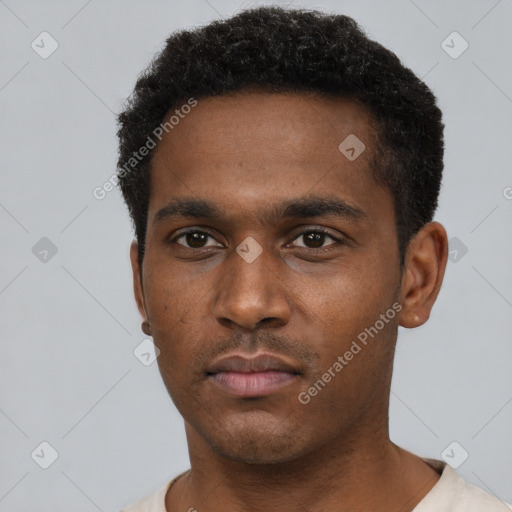 Neutral black young-adult male with short  black hair and brown eyes