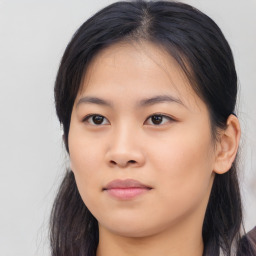 Neutral asian young-adult female with medium  black hair and brown eyes