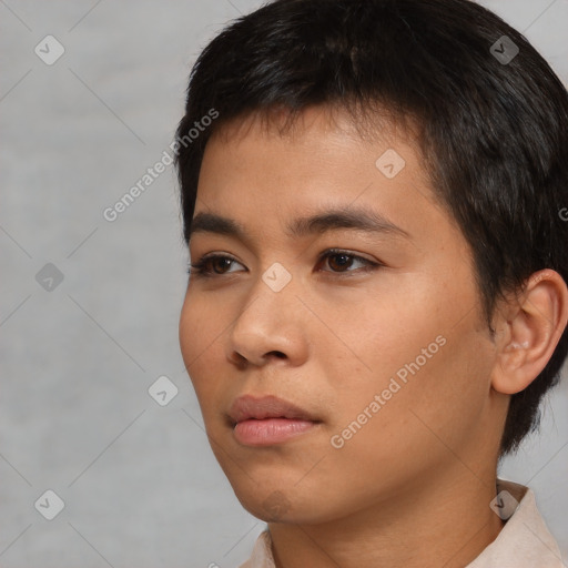 Neutral white young-adult male with short  black hair and brown eyes