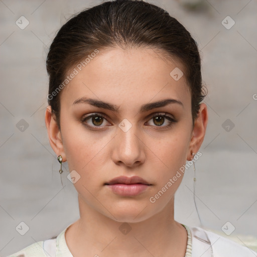 Neutral white young-adult female with medium  brown hair and brown eyes