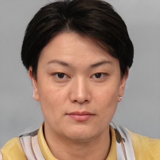 Neutral asian young-adult female with short  brown hair and brown eyes