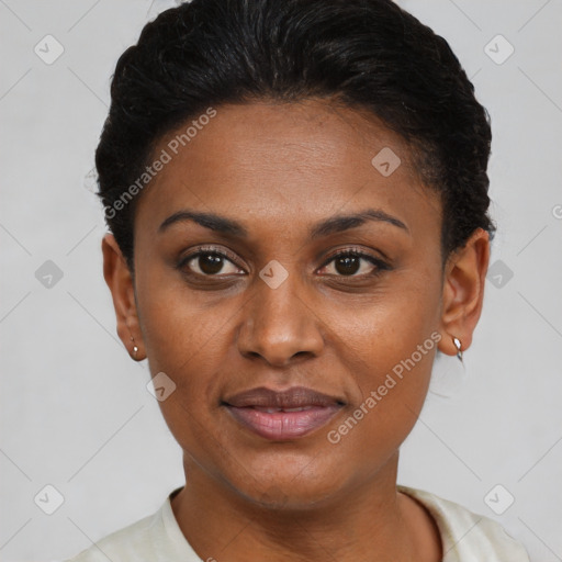 Joyful latino young-adult female with short  brown hair and brown eyes